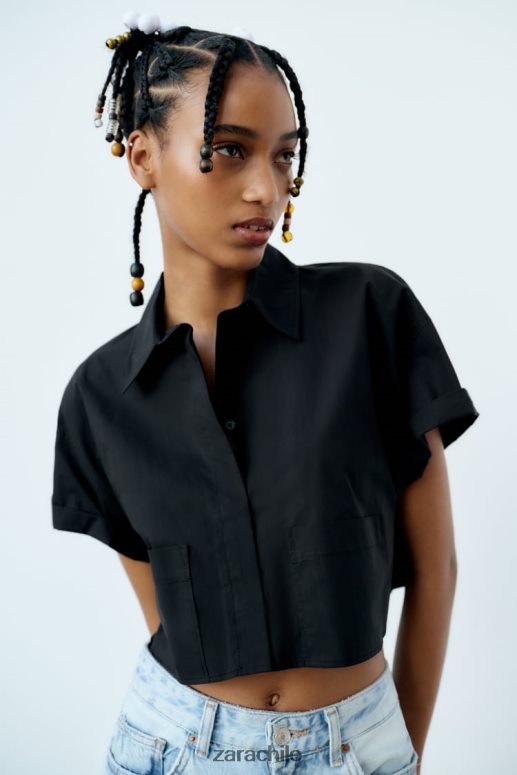 ropa cl Zara mujer camisa corta de popelina negro JJ06N4415