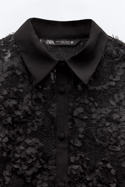 ropa cl Zara mujer camisa corta texturizada floral negro JJ06N4340
