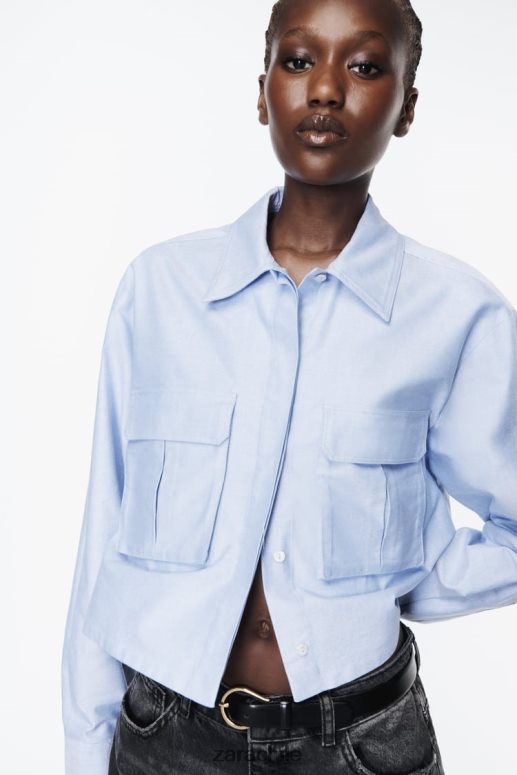 ropa cl Zara mujer camisa corta tipo oxford azul blanco JJ06N4352
