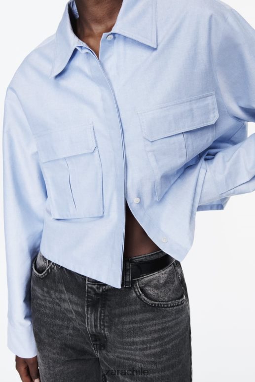 ropa cl Zara mujer camisa corta tipo oxford azul blanco JJ06N4352