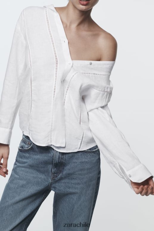 ropa cl Zara mujer camisa de lino con aplicación de encaje blanco JJ06N4418