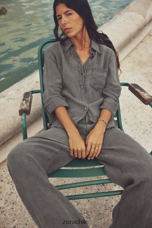 ropa cl Zara mujer camisa de lino con bolsillos gris JJ06N4350