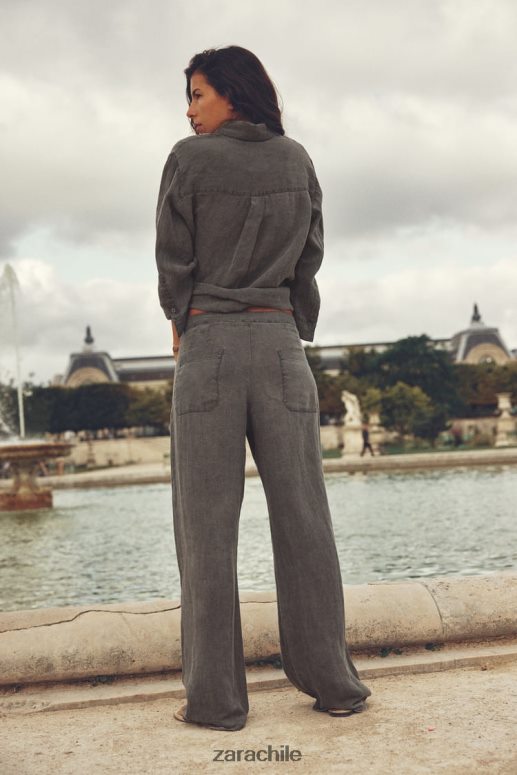 ropa cl Zara mujer camisa de lino con bolsillos gris JJ06N4350