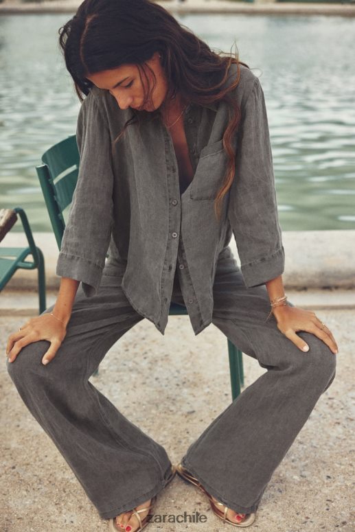 ropa cl Zara mujer camisa de lino con bolsillos gris JJ06N4350