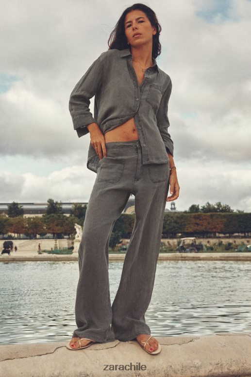 ropa cl Zara mujer camisa de lino con bolsillos gris JJ06N4350