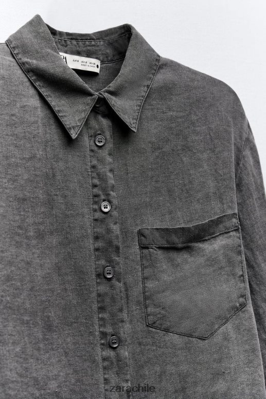 ropa cl Zara mujer camisa de lino con bolsillos gris JJ06N4350