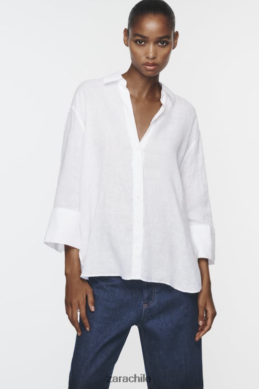 ropa cl Zara mujer camisa de lino con dobladillo asimétrico ostra blanca JJ06N4394
