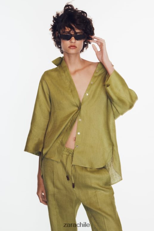 ropa cl Zara mujer camisa de lino de manga ancha verde oliva JJ06N4383