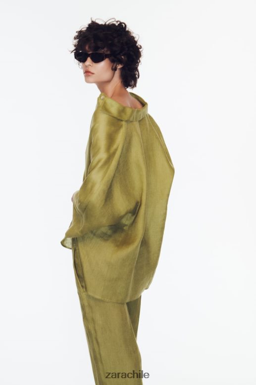 ropa cl Zara mujer camisa de lino de manga ancha verde oliva JJ06N4383