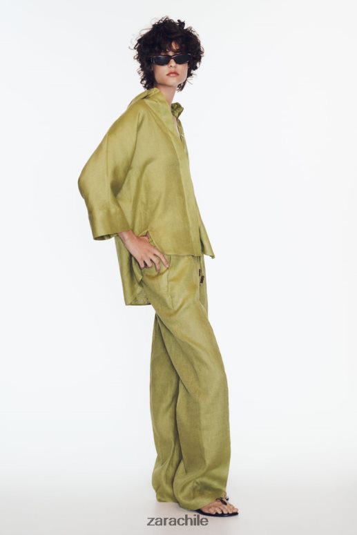 ropa cl Zara mujer camisa de lino de manga ancha verde oliva JJ06N4383
