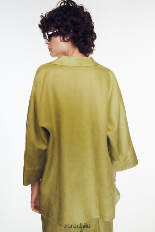ropa cl Zara mujer camisa de lino de manga ancha verde oliva JJ06N4383