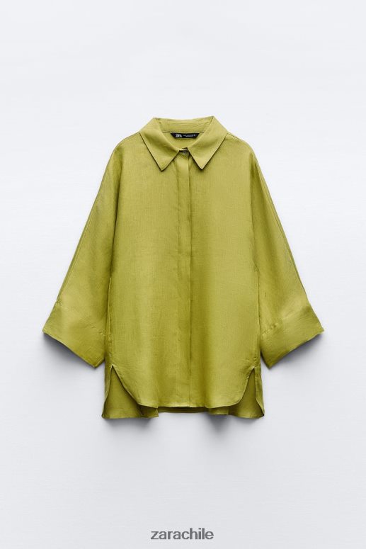 ropa cl Zara mujer camisa de lino de manga ancha verde oliva JJ06N4383
