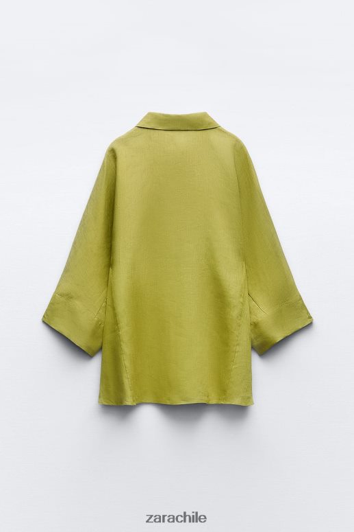 ropa cl Zara mujer camisa de lino de manga ancha verde oliva JJ06N4383