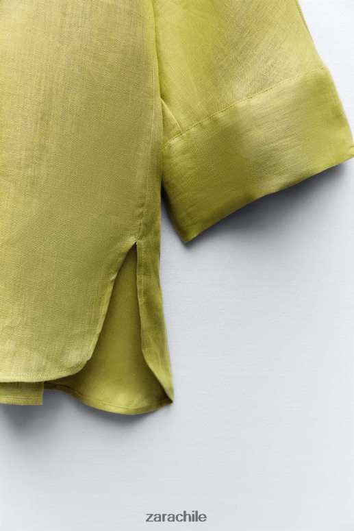 ropa cl Zara mujer camisa de lino de manga ancha verde oliva JJ06N4383