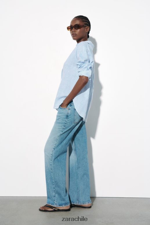 ropa cl Zara mujer camisa de mezcla de lino a rayas azul blanco JJ06N4341