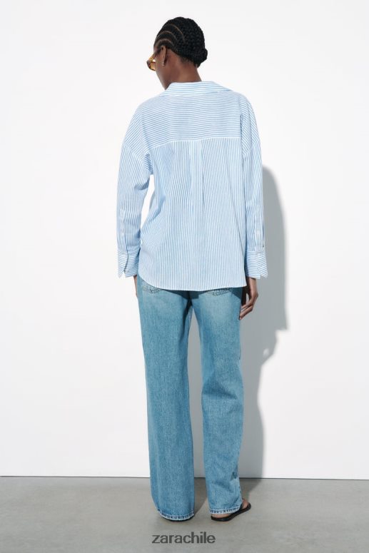 ropa cl Zara mujer camisa de mezcla de lino a rayas azul blanco JJ06N4341