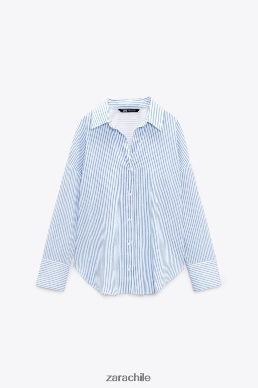 ropa cl Zara mujer camisa de mezcla de lino a rayas azul blanco JJ06N4341