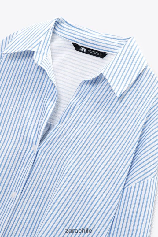 ropa cl Zara mujer camisa de mezcla de lino a rayas azul blanco JJ06N4341
