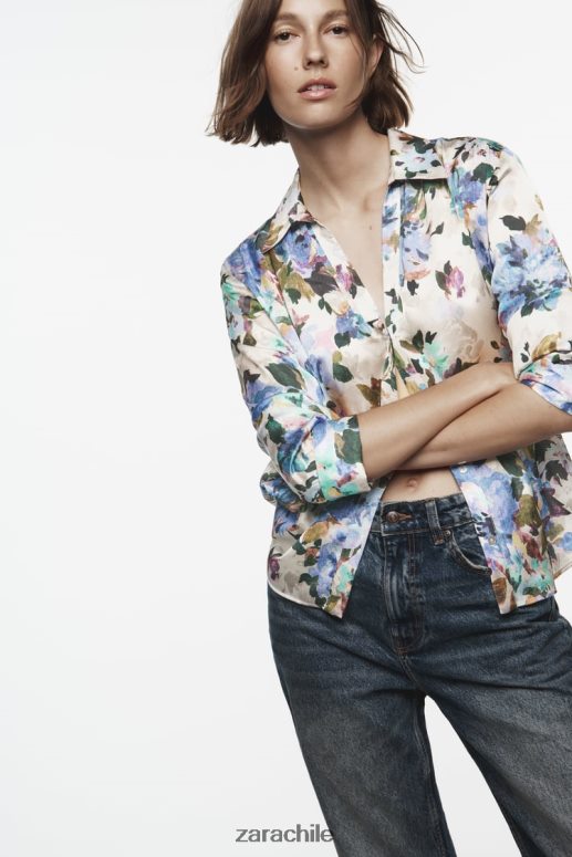 ropa cl Zara mujer camisa de satén con estampado floral crudo/verde JJ06N4372