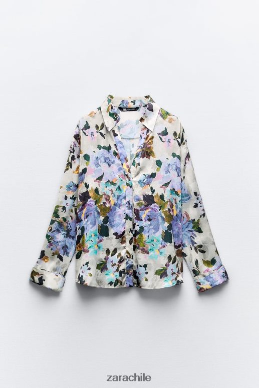 ropa cl Zara mujer camisa de satén con estampado floral crudo/verde JJ06N4372