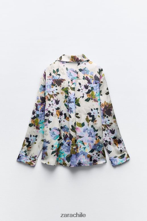 ropa cl Zara mujer camisa de satén con estampado floral crudo/verde JJ06N4372