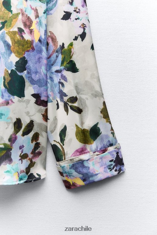 ropa cl Zara mujer camisa de satén con estampado floral crudo/verde JJ06N4372