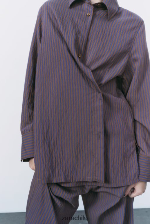 ropa cl Zara mujer camisa minimalista de rayas multi/posicional de zw collection marrón/azul JJ06N4299