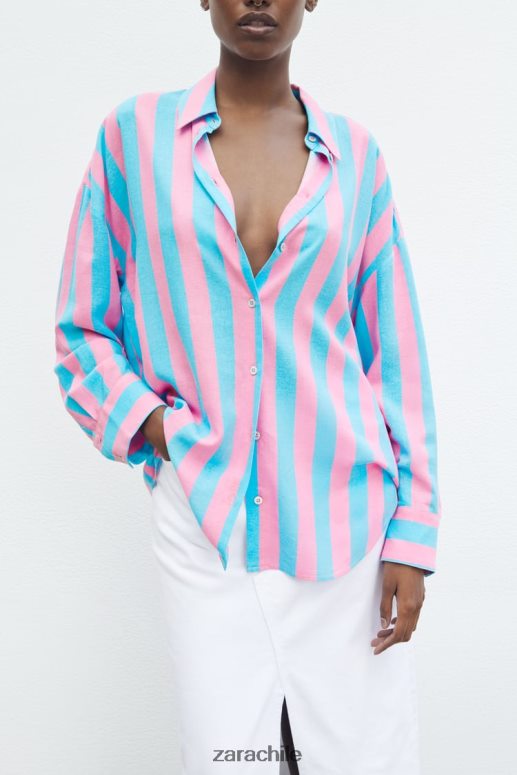 ropa cl Zara mujer camisa oversize en mezcla de lino a rayas multicolor JJ06N4407