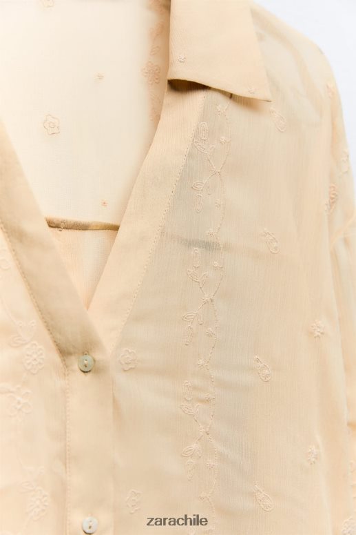 ropa cl Zara mujer camisa semitransparente bordada beige JJ06N4294