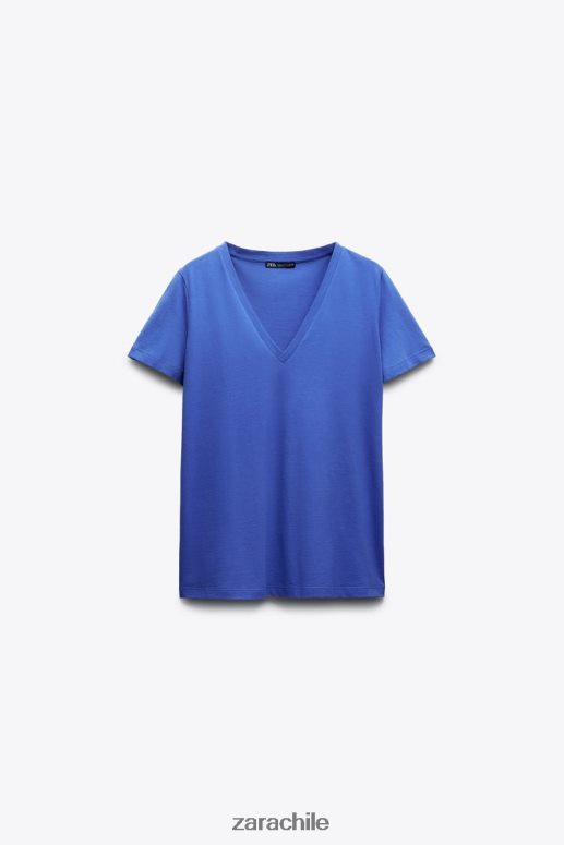 ropa cl Zara mujer camiseta básica de algodón con cuello en v azulado JJ06N4466