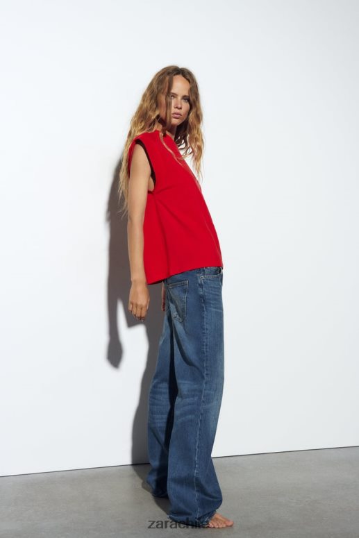 ropa cl Zara mujer camiseta de canalé de algodón rojo JJ06N4469