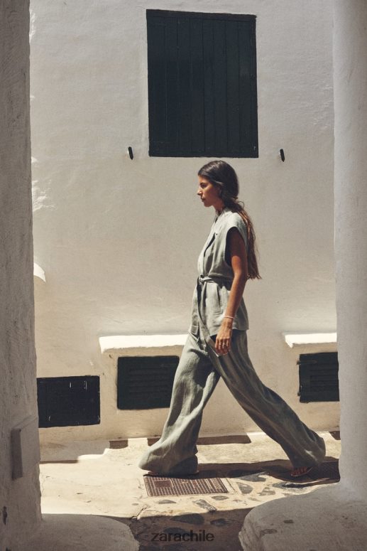 ropa cl Zara mujer chaleco de lino con cinturón verde claro JJ06N4210