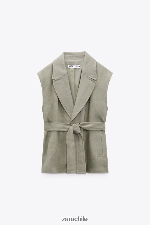 ropa cl Zara mujer chaleco de lino con cinturón verde claro JJ06N4210