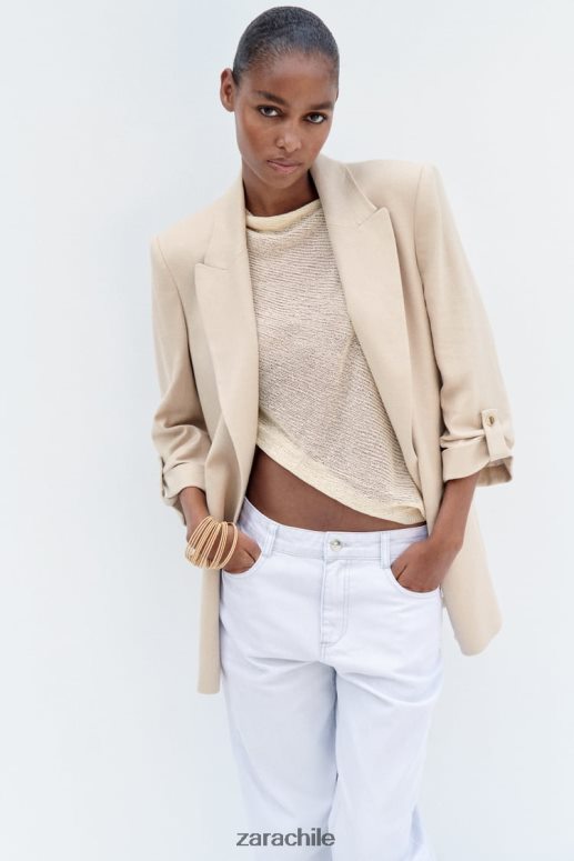 ropa cl Zara mujer blazer con frente abierto y mangas remangadas en mezcla de lino beige JJ06N4168