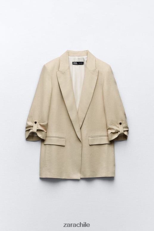 ropa cl Zara mujer blazer con frente abierto y mangas remangadas en mezcla de lino beige JJ06N4168