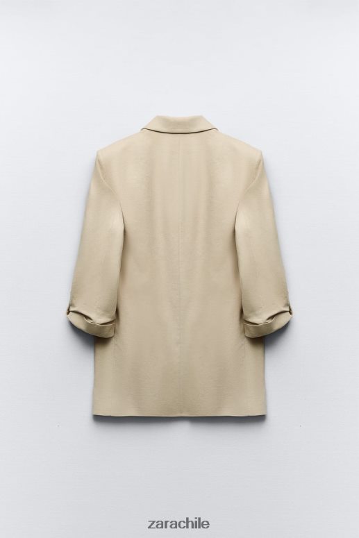 ropa cl Zara mujer blazer con frente abierto y mangas remangadas en mezcla de lino beige JJ06N4168