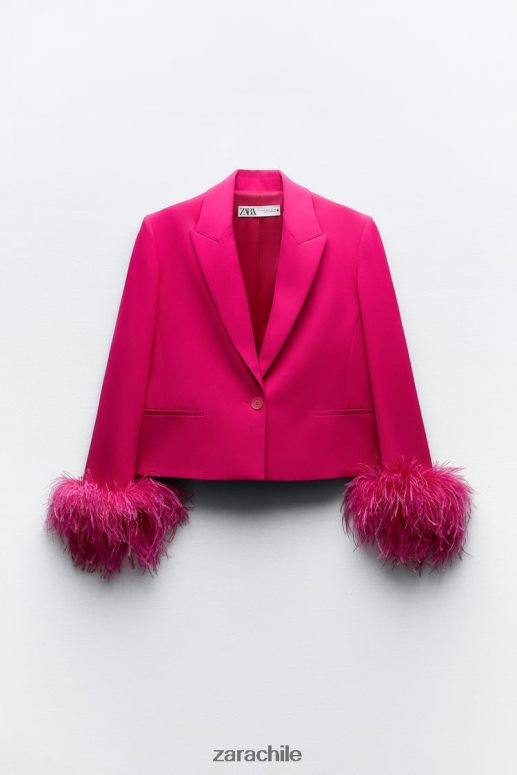 ropa cl Zara mujer blazer corto de plumas fucsia neón JJ06N4166