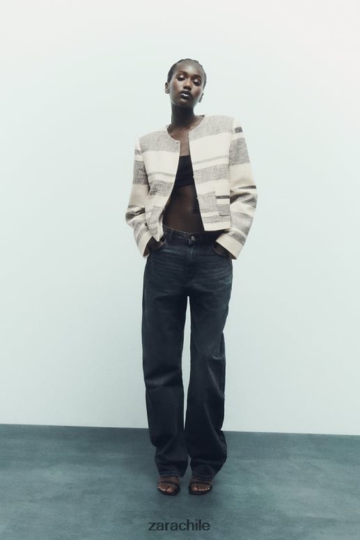 ropa cl Zara mujer blazer texturizado a rayas crudo/negro JJ06N478