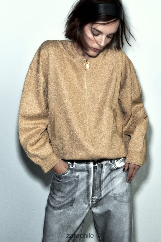 ropa cl Zara mujer cárdigan bomber de punto con hilo metalizado dorado JJ06N414