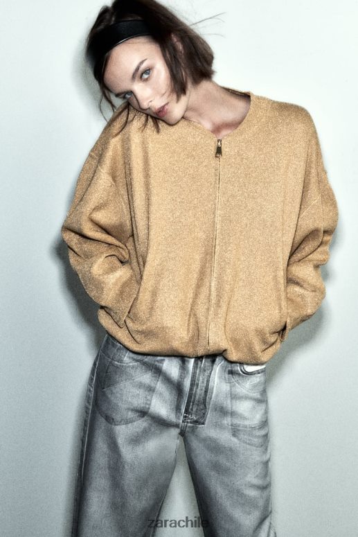 ropa cl Zara mujer cárdigan bomber de punto con hilo metalizado dorado JJ06N414