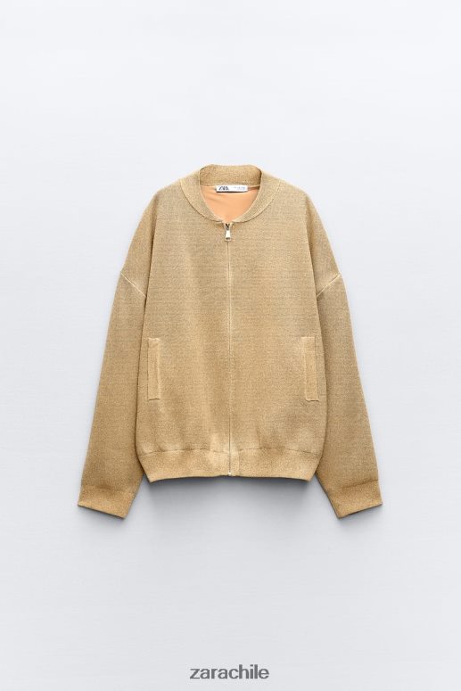 ropa cl Zara mujer cárdigan bomber de punto con hilo metalizado dorado JJ06N414