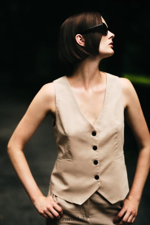 ropa cl Zara mujer chaleco de mezcla de lino arena JJ06N4150