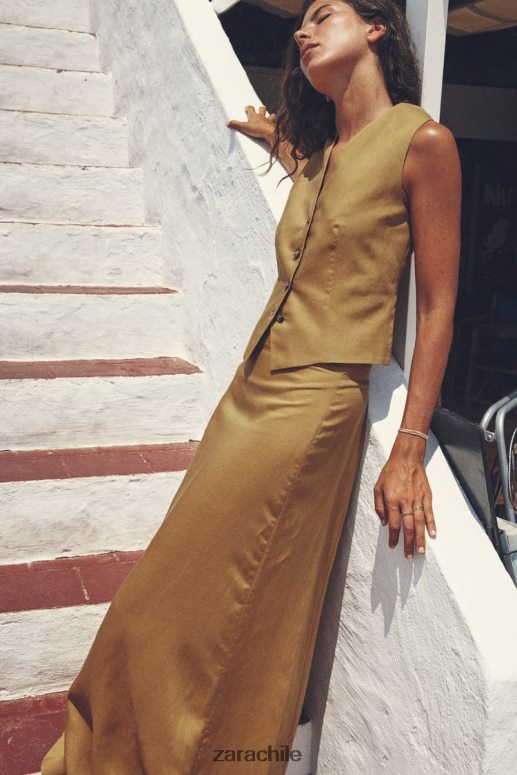 ropa cl Zara mujer chaleco de mezcla de lino verde oliva JJ06N4167