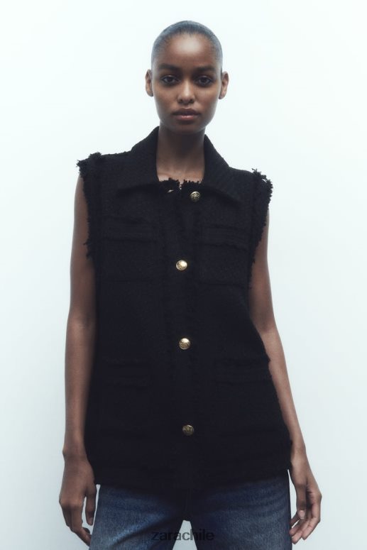 ropa cl Zara mujer chaleco texturizado con ribete deshilachado negro JJ06N4147