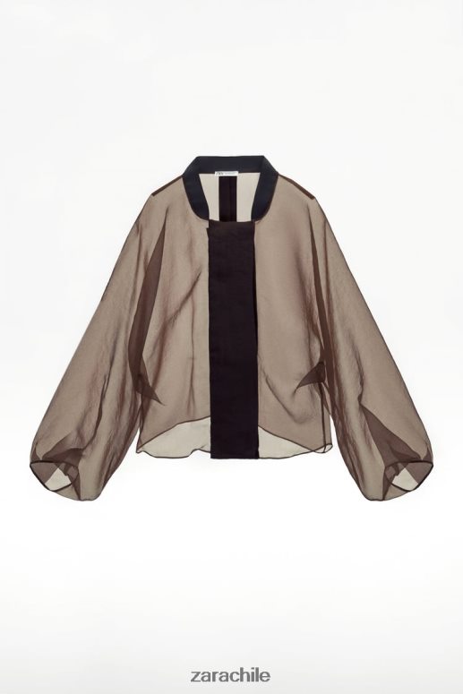 ropa cl Zara mujer chaqueta bomber de organza en contraste marrón JJ06N499