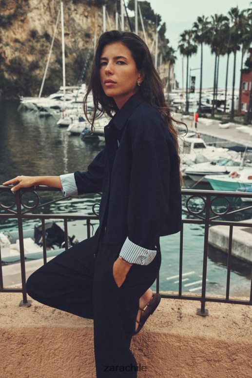 ropa cl Zara mujer chaqueta corta en mezcla de lino Azul marino JJ06N458