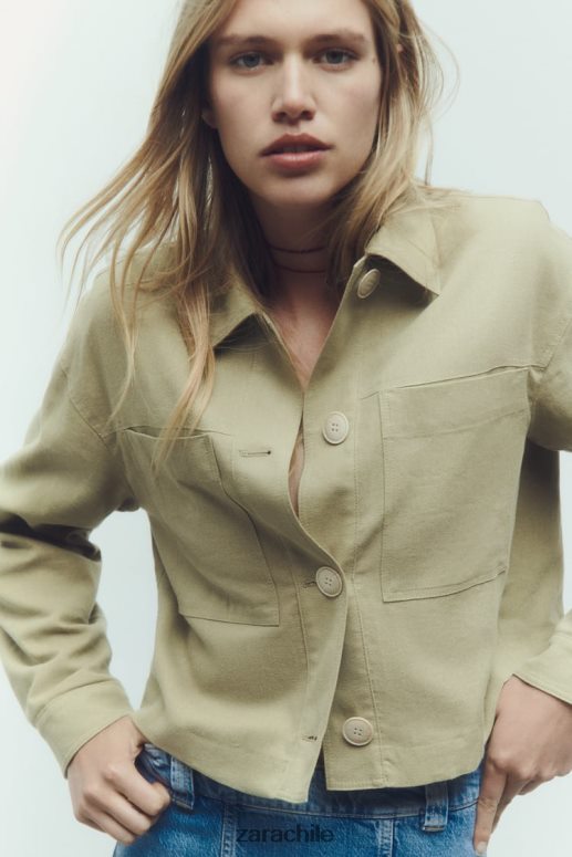 ropa cl Zara mujer chaqueta corta en mezcla de lino caqui JJ06N4115