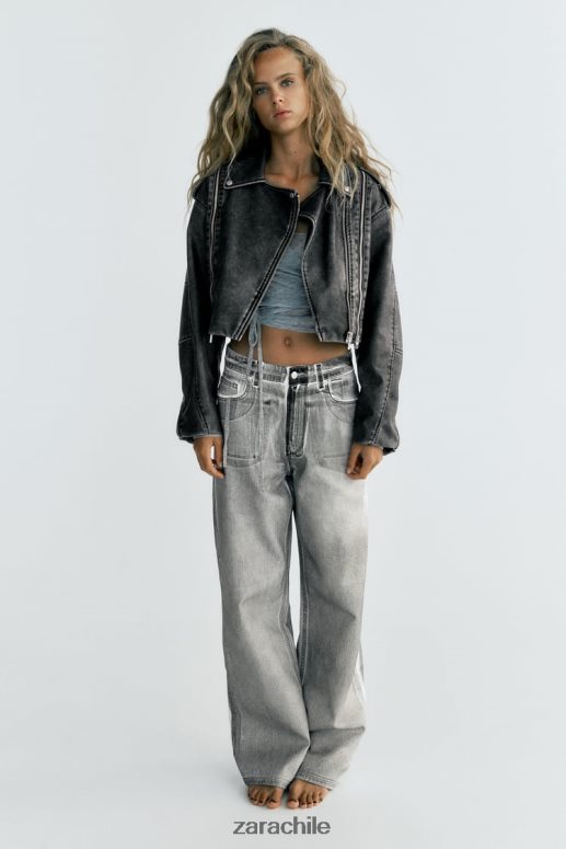 ropa cl Zara mujer chaqueta motera de piel sintética desgastada gris JJ06N418