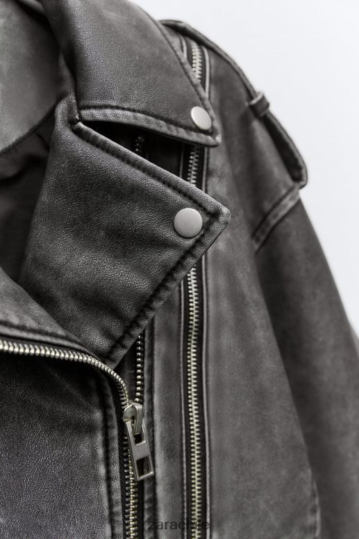 ropa cl Zara mujer chaqueta motera de piel sintética desgastada gris JJ06N418