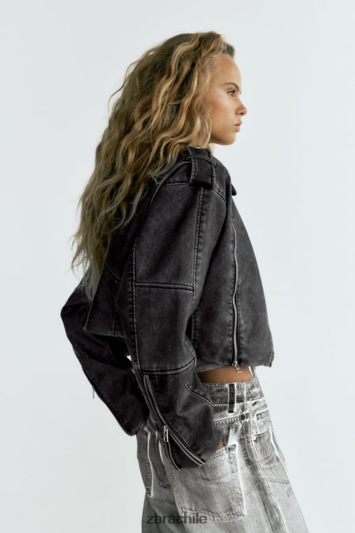 ropa cl Zara mujer chaqueta motera de piel sintética desgastada gris JJ06N418